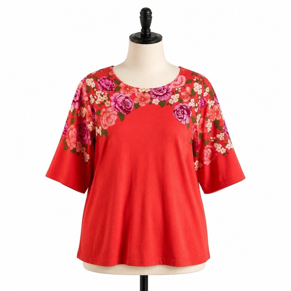 Quaker Factory Plus 3X Top Life is Rosey 3/4 Sleeve Floral Rhinestones Blouse